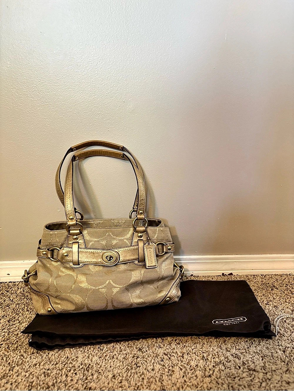 Vintage Coach Signature Stripe Carryall Shoulder Bag Beige/Sparkle/Gold